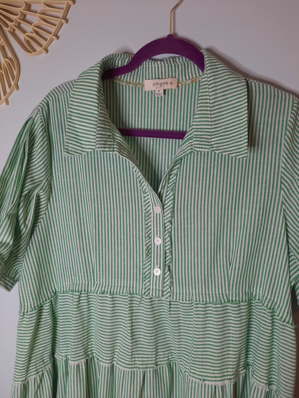 Umgee Sz XL, Mint Green Striped Tiered Midi Dress Raw Hem, Button Collared Style - Picture 2 of 6